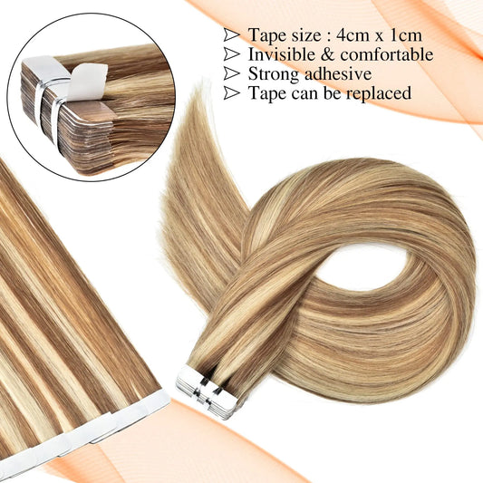 #P8/613 Tape In Hair Extensions Human Hair Camel Brown Mixed with Bleach Blonde 50g/Pack 20pieces Straight Seamless Skin Weft