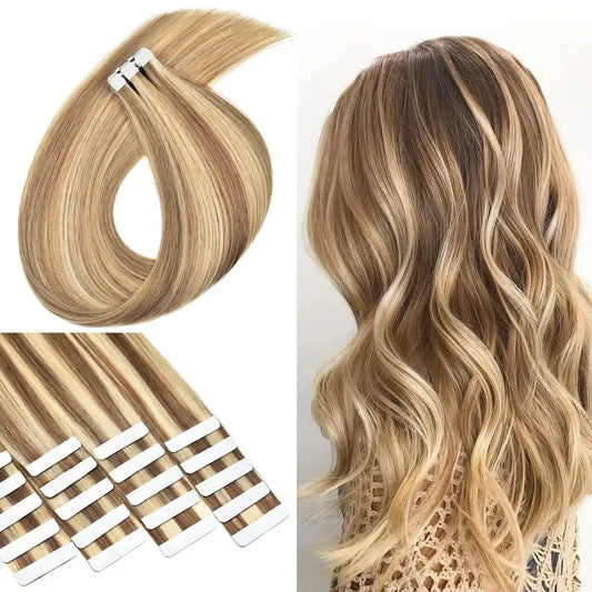 #P8/613 Tape In Hair Extensions Human Hair Camel Brown Mixed with Bleach Blonde 50g/Pack 20pieces Straight Seamless Skin Weft