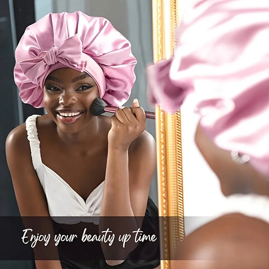 1 luxurious pink satin hat with adjustable straps and bow accents - soft hair protection for both women and men, comfortable ruf