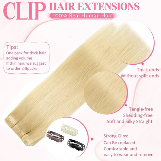 #613 Clip In Hair Extensions 26Inches Blonde Long Straight Clip In Human Hair Extensions Natural Black Hairpieces For Women 120G